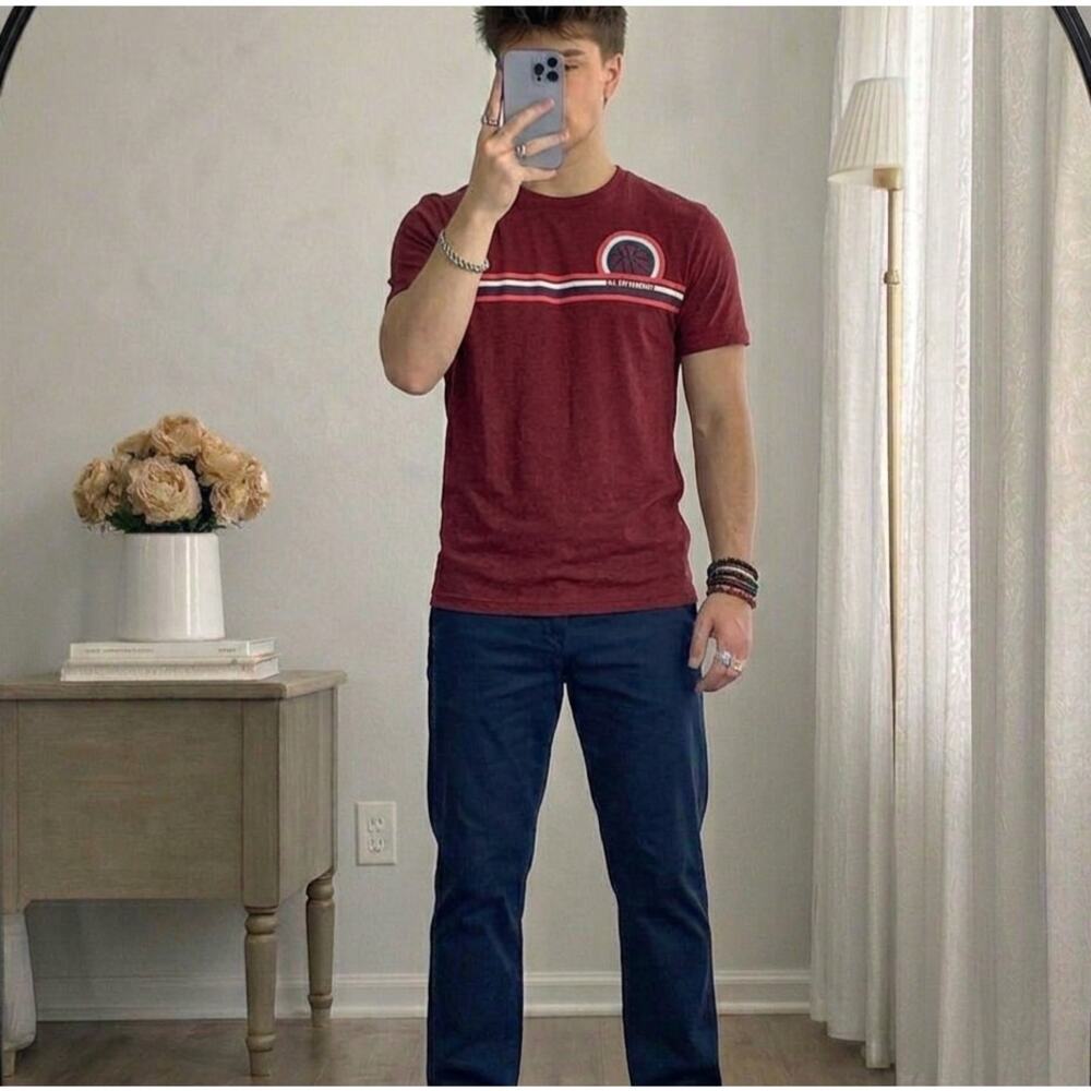 Go Dry Athletic Tee Red Striped Graphic Men's Small Performance Shirt